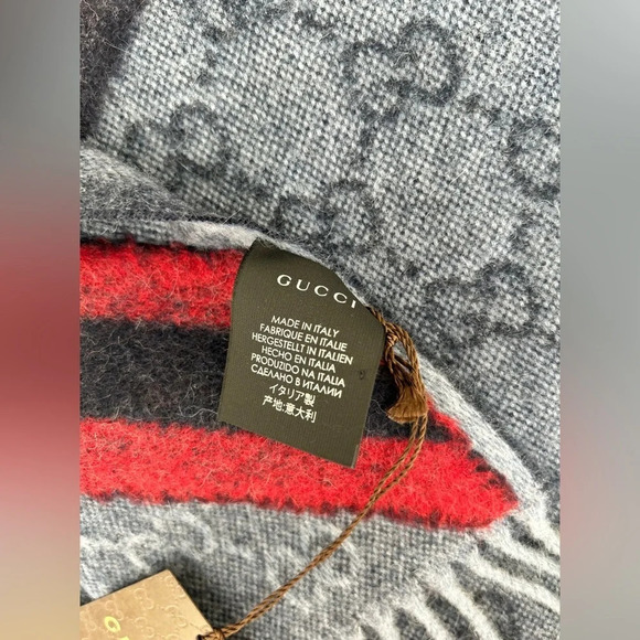 New With Tags Gucci Nikky Wool Alpaca Monogram Web Blue Scarf Shawl Fringe - Picture 5 of 11